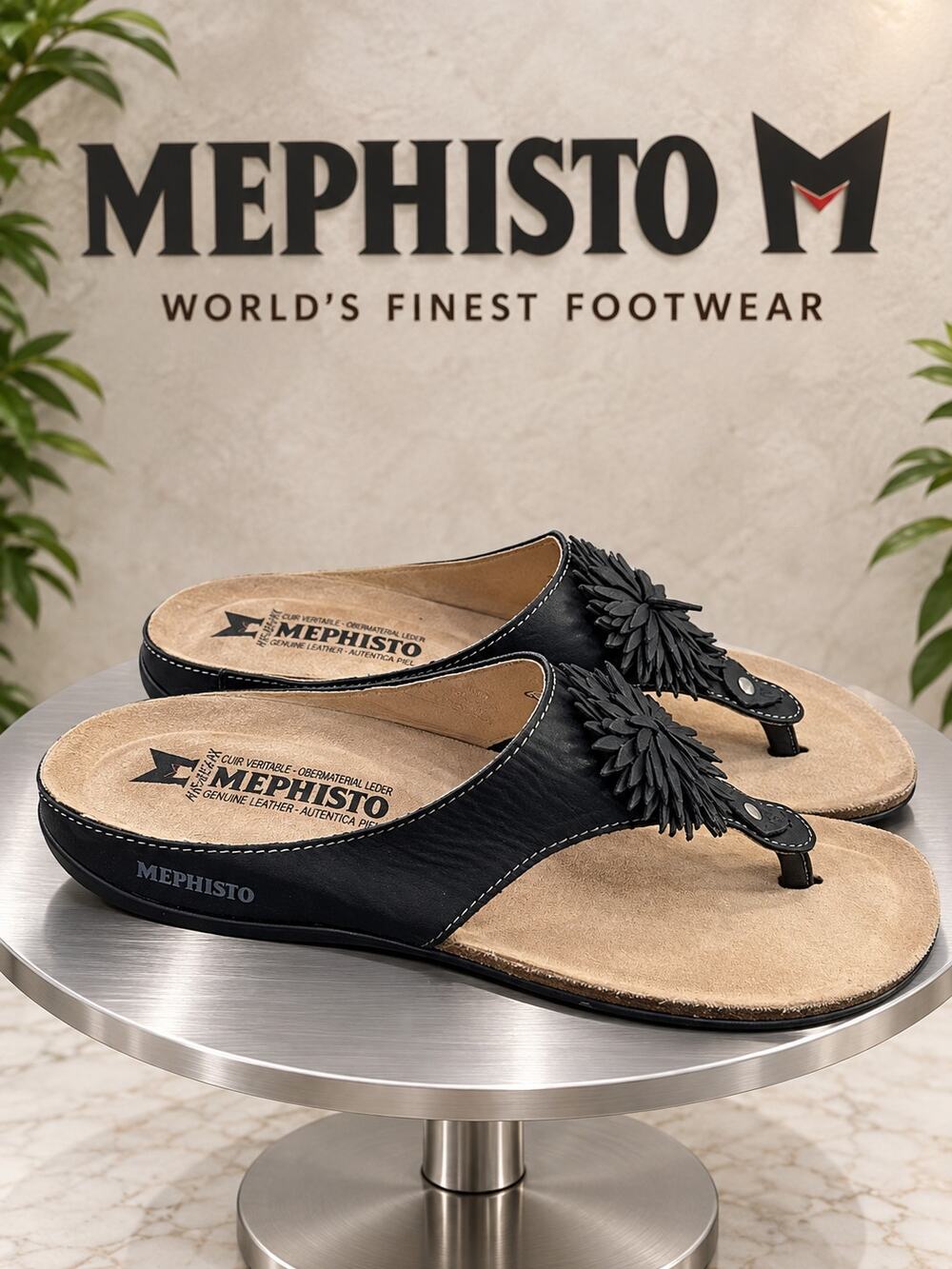 Mephisto Helen Flower Black Leather Thong Comfort Sandals EU 39 US 9